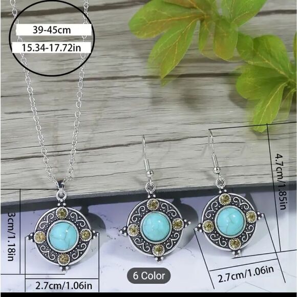 Necklace and earrings set turquoise dangle silver New e17 - Picture 2 of 2